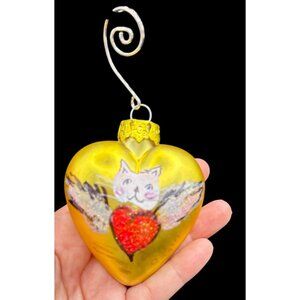 Hand-Painted Heart-Shaped Glass Ornament Painted With Cat & Wings Design